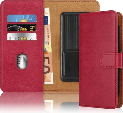 A red flip case for a phone is shown open, revealing card slots and banknotes inside.