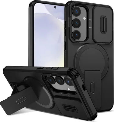 Immagine prodotto di Custodia magnetica per Samsung Galaxy S25+/S24+, custodia resistente a due strati con protezione fotocamera scorrevole e supporto regolabile Nero