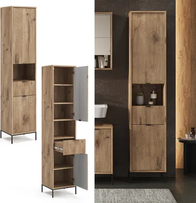 A collage of bathroom furniture, including tall cabinets and a smaller cabinet, in a modern bathroom setting.