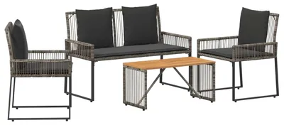 Image de Ensemble de mobilier de jardin vidaXL, 9 pièces, gris et gris foncé, en polyrotin