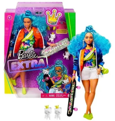Produktbild von Barbie Extra Puppe mit blauen Haaren und Skateboard, inkl. Haustier