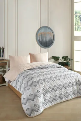 Produktbild von Tagesdecke Set 160x230 cm, gesteppt, wendbar, geometrisches Muster, Einzelbett – Beige