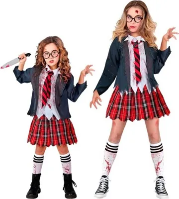 Produktbild von Kostüm "Zombie Schulmädchen" für Mädchen | Jacke mit Bluse, Rock, Krawatte, Strümpfe Größe: 158