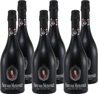 Six bottles of Fürst von Metternich Riesling Sekt Brut are arranged in two rows against a white background.