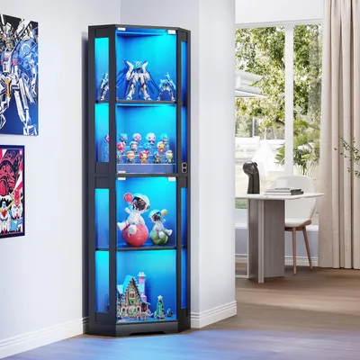 A corner display cabinet with LED lighting, showcasing various collectibles and decorative items, placed in a room with a window and a table.