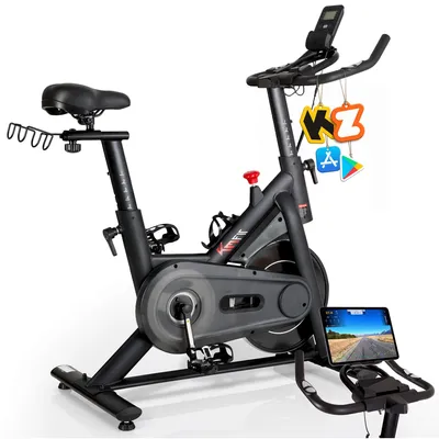 Imagen del producto de Bicicleta estática KM FIT, con resistencia magnética, conectividad Bluetooth, compatible con FTMS, KINOMAP y ZWIFT, monitor de frecuencia cardíaca, capacidad de carga de 160 kg, peso de 5 kg, volante de inercia