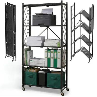 Image de Étagère pliante robuste sur roulettes - AV6817 - 5 niveaux - Capacité de charge : 100 kg - Dimensions réglables - Extensible - Acier - 163 x 72 x 34 cm