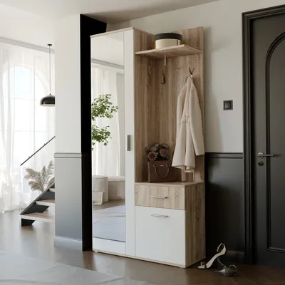 Produktbild von IDOHOME-Garderobenschrank LEA mit Schuhschrank Garderobenständer und Spiegel für den Flur Sonoma Weiß Haken Schuhregale Kleiderständer 97x195x30 cm