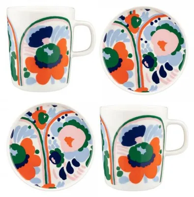 Produktbild von Marimekko Geschirr-Set Oiva Karuselli Weiß Hellblau Orange (4-teilig)