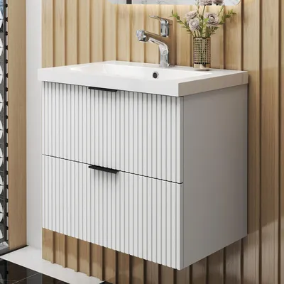 Produktbild von AICA Waschbeckenunterschrank Weiß Matt 60cm Mineralguss Waschtisch mit Unterschrank,2 Softclose-Schubladen,geriffelte Schubladentüren