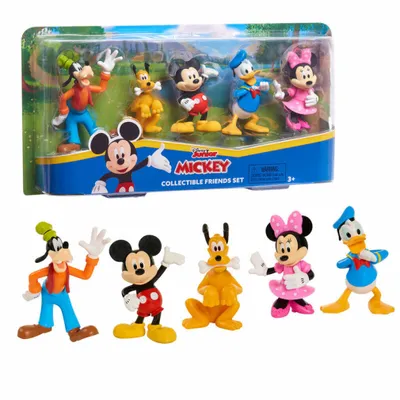 A set of Mickey Mouse collectible figures in packaging and displayed outside of packaging.