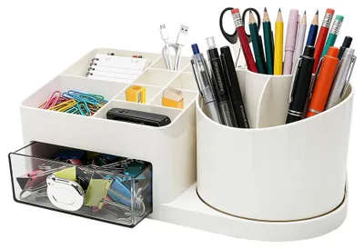 Produktbild von Drehbarer Schreibtisch-Organizer mit 15 Fächern + 1 Schublade, 360°-Stifthalter für Büro, Schule, Kosmetik und Bastelbedarf, robuster multifunktionaler Stifthalter