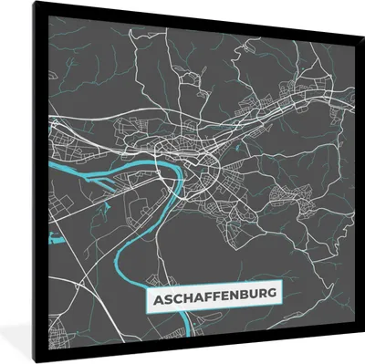 Produktbild von MuchoWow® Gerahmtes Poster Karte - Aschaffenburg - Blau - Stadtplan - Deutschland 40x40 cm - Poster mit Schwarzem Bilderrahmen Wandposter Rahmen Foto Bilder - Mit Rahmen - Wanddekoration Schlafzimmer