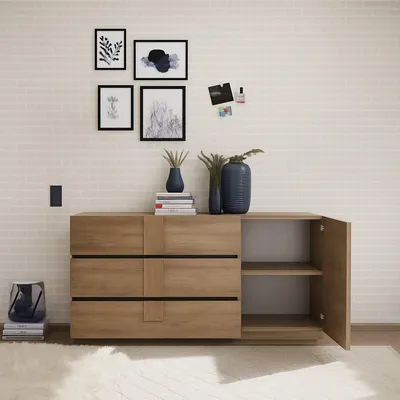 Produktbild von Dmora Anrichte Minoprio 182x44x90 cm Eiche Braun, ein Fach, 3 Schubladen