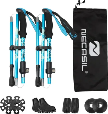 Produktbild von 2 Faltbare Wanderstöcke, Teleskop Wanderstöcke aus Leichtaluminium, Wanderstock mit Gummikappen & Schneekörben für Trekking & Nordic Walking