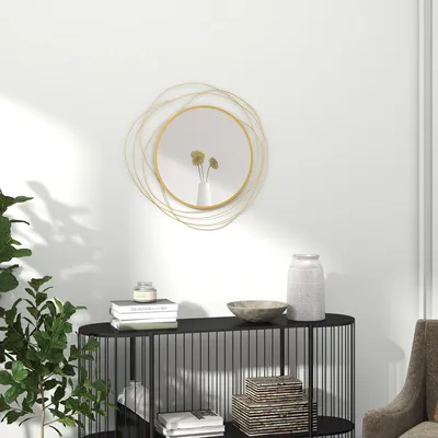 Produktbild von Wandspiegel rund Gold, Rundspiegel asymmetrischer Metallrahmen, Dekospiegel Flurspiegel Wohnzimmer, Gold | Ø 65 cm | Metall & Glas | 2,6 kg