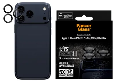 Produktbild von PanzerGlass ® Hoops® Ceramic II Kameraschutz iPhone 17 Pro | iPhone 17 Pro Max | iPhone 16 Pro | 16 Pro Max, Apple, Apple - iPhone 17 Pro, Apple - iPhone 17 Pro Max, Apple - iPhone 16 Pro, Apple - iPhone 16 Pro Max, Trockene Anwendung, Kratzresistent, Schockresistent, Schwarz, 1 Stück(e)