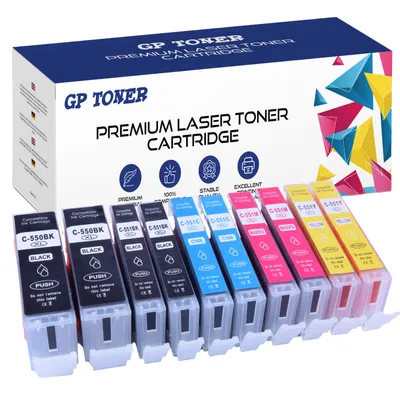 A box of GP Toner premium laser toner cartridges with multiple cartridges displayed in front of it.