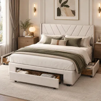 Immagine prodotto di Letto imbottito INONEFT, 140 x 200 cm, letto matrimoniale con 3 cassetti e rete a doghe, letto per ragazzi con testiera, letto per adulti, colore: lino, beige, senza materasso