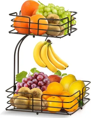 Produktbild von Famanu Obstschale 2 Etagen mit Bananenhalter - abnehmbare Metallfrüchteetagere (schwarz)