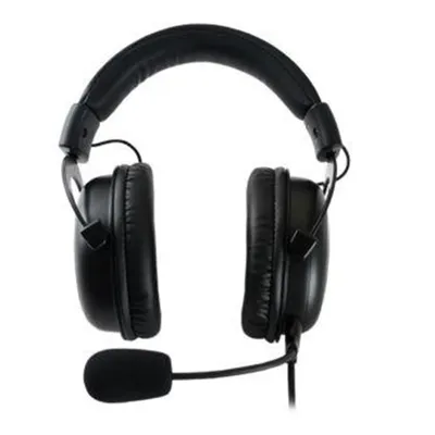 A black gaming headset with a microphone is shown against a white background.