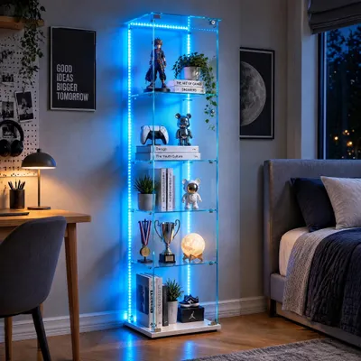 Imagen del producto de Vitrina de vidrio INONEFT con iluminación LED, mueble expositor moderno de 4 estantes para sala de estar, dormitorio u oficina, ideal para exhibir objetos de valor, 163 x 39,8 x 35 cm, color blanco