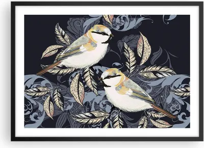 Produktbild von Gerahmtes Poster - Schwarzer Rahmen - Vögel Blätter Ornament - 70x50 cm - Wand Bild - Wanddeko - Wandbilder - Kunstposter - Wandposter - Bilderrahmen - Bilder - Kunstdruck - P2BAA70x50-4408