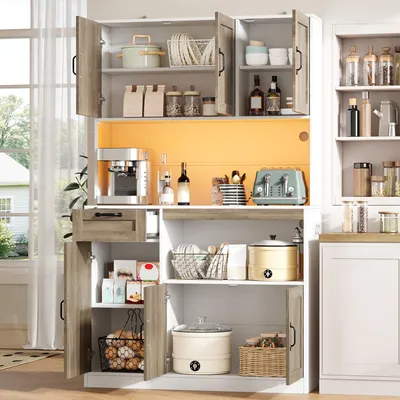 Productafbeelding van MODFU Buffetsch kast, 110x40x180 cm, hoge kast met LED-verlichting, voorraadkast/keukenkast met stopcontact, 6 deuren en 1 lade, wit en naturel