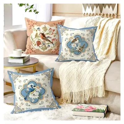 Produktbild von Kissenbezüge 45x45 cm im 4er Set mit Blumen und Vögeln für den Frühling und Sommer