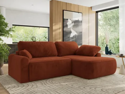 Produktbild von MKS MEBLE Ecksofa CUBO L-form, lose Kissen, Ecksofa 273x187x100 cm mit Schlaffunktion, Bettkasten - Orange Plüsch - Rechts Seite
