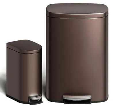 Image de Ensemble de poubelles - Poubelle à pédale en acier inoxydable, 50 L + 10 L - Couvercle à fermeture douce - Seau intérieur amovible - Anti-odeurs - Marron