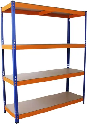 Zdjęcie produktu dla Monster Racking S-Rax – regał do dużych obciążeń, regał magazynowy, regał garażowy, regał stalowy, regał przemysłowy, regał warsztatowy, regał modułowy, regał metalowy, regał piwniczny, system regałowy ze stali, w 100% bezśrubowy, niebiesko-pomarańczowy, 150 cm x 50 cm