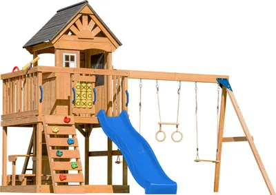 Produktbild von AXI Jack Spielturm aus Holz in Braun mit Doppelschaukel | Spielplatz für Kinder mit blauer Rutsche, Schaukel, Trapez, Kletterwand, Picknicktisch &