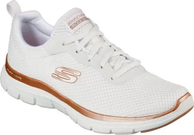 A white Skechers sneaker with rose gold accents is shown against a white background.