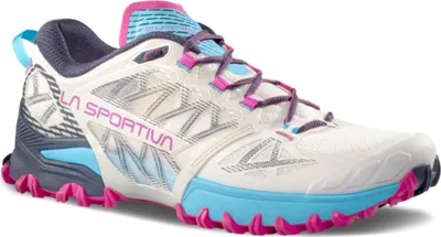 La Sportiva Bushido III Woman Trailrunning-Schuh in Weiß mit pinken und blauen Akzenten; Low Cut Design.