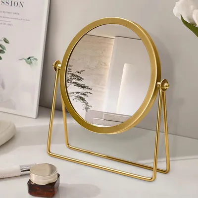 Immagine prodotto di Specchio rotondo per scrivania, girevole a 360°, con cornice in metallo dorata, diametro 20 cm