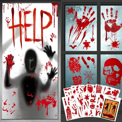 Immagine prodotto di Adesivi per finestre a tema Halloween: impronte di mani e piedi "insanguinate", confezione da 91 pezzi