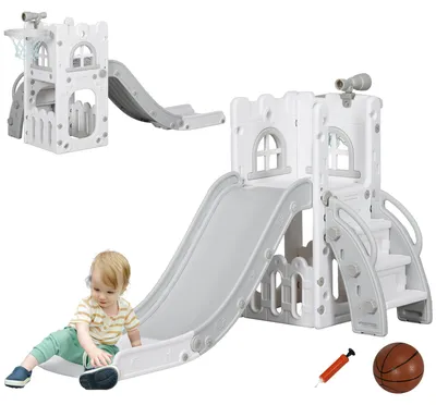 Produktbild von Kinderrutsche, 5 in 1, Kleinkinderrutsche mit Basketballkorb, Teleskop Klettergerüst Grau 70 x 177 x 92 cm