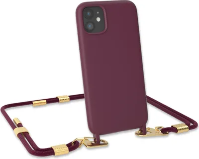 Produktbild von EAZY CASE Handykette Silikon mit Clips 2 in 1 kompatibel mit Apple iPhone 11 Handyhülle mit Umhängeband, Handykordel mit Silikon, Hülle mit Band, Beeren Rot - Clips Gold