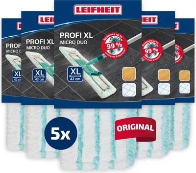 A product shot of multiple Leifheit Profi XL Micro Duo mop head refills packaged together.