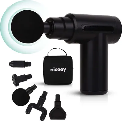 Produktbild von Niceey Mini Massagepistole, Muskel Percussion Massagegerät mit 6 Geschwindigkeiten, Massagematte 5 Köpfe Massage Gun für Schulter Körper Rücken Entspannung, Schwarz