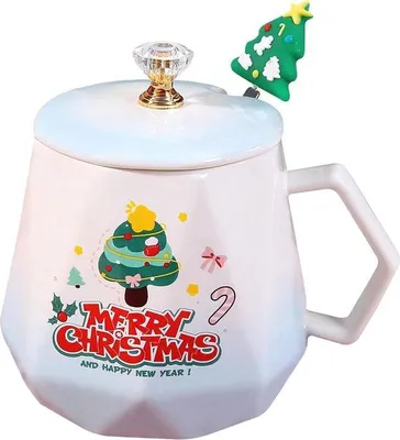 Produktbild von Famanu Keramische Tasse mit Deckel und Löffel - Weihnachtsdesign mit Elch und Weihnachtsbaum