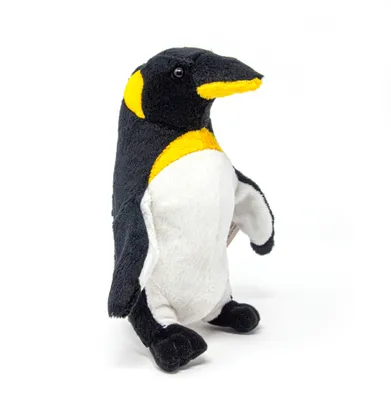 A plush toy penguin is shown against a white background.