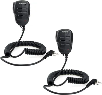 Two black walkie-talkie microphones with coiled cords and 3.5mm jacks are displayed against a white background.