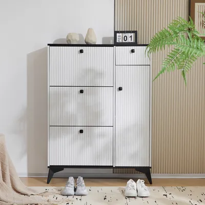 Produktbild von MERAX Schuhschrank mit 3 Klappen Schuhregal mit Tür und Schublade,Sideboard Schuhkipper H121/B90/ T25cm