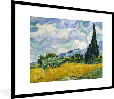 Produktbild von MuchoWow® MuchoWow® Gerahmtes Poster Weizenfeld mit Zypressen - Vincent van Gogh 80x60 cm - Poster mit zchwarzem Bilderrahmen - Schlafzimmer-Dekorationen - Fotoposter