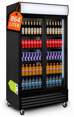 Produktbild von GastroHero Getränkekühlschrank ECO 1000 schwarz mit Schiebetüren, LED-Innenbeleuchtung & Leuchtaufsatz