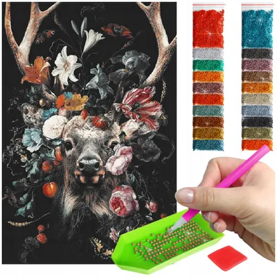 Zdjęcie produktu dla Haft diamentowy ARTULIO - Jeleń w kwiatach na czarnym tle - 60 × 40 cm - Diamond painting, Kompletny zestaw: mozaika + akcesoria