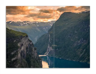 Produktbild von Wallario Herdabdeckplatte aus Glas, Größe 70 x 52 cm 2-teilig, Motiv Fjord bei Sonnenuntergang