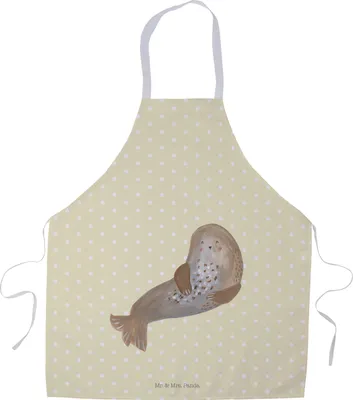 Produktbild von Mr. & Mrs. Panda Kochschürze Robbe Lachen - Gelb Pastell - Geschenk, Ostsee, Seehund, Lustige Sprüche, Küchenschürze, Küchenzubehör, Backschürze, Meerestier, Strand